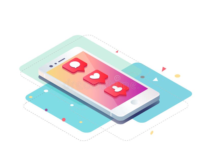 Isometric concept with mobile phone and push notification with l vector illustration