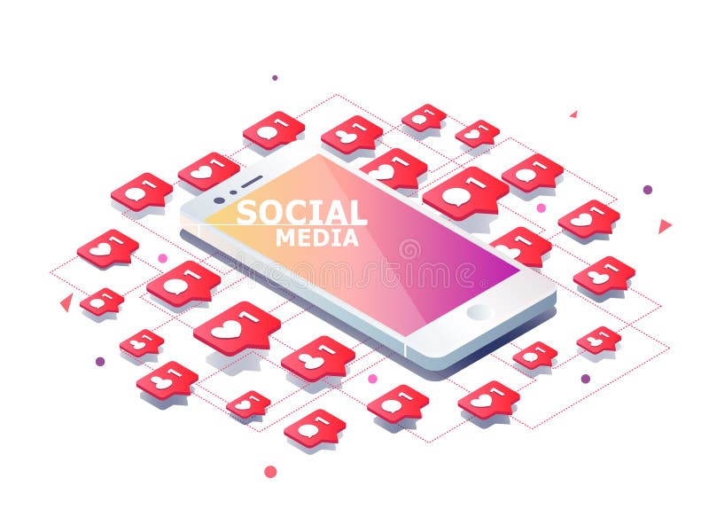 Isometric concept with mobile phone and push notification with l royalty free illustration