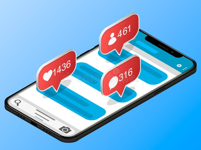 Isometric concept with mobile phone and push notification with likes, new comments, messages and followers. stock illustration