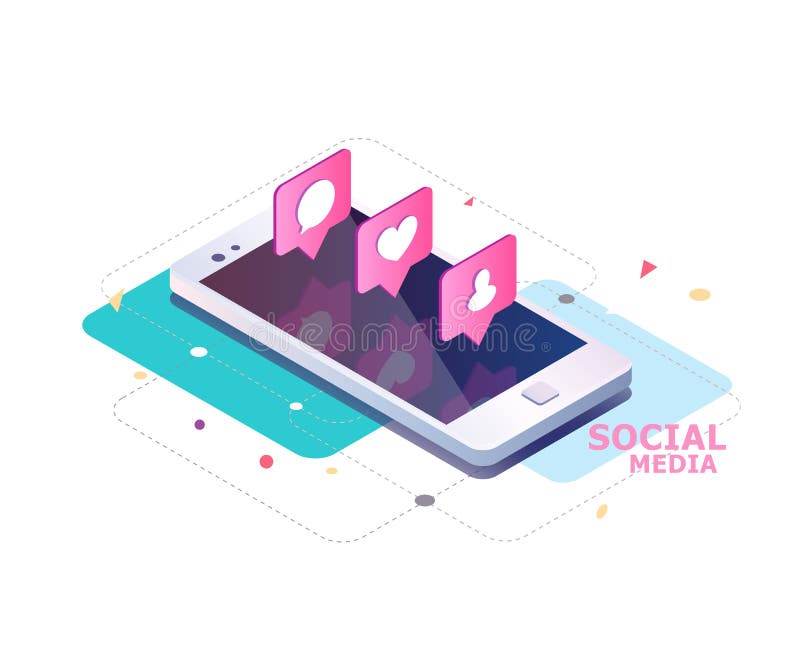 Isometric concept with mobile phone and push notification with likes, new comments, messages and followers. stock illustration