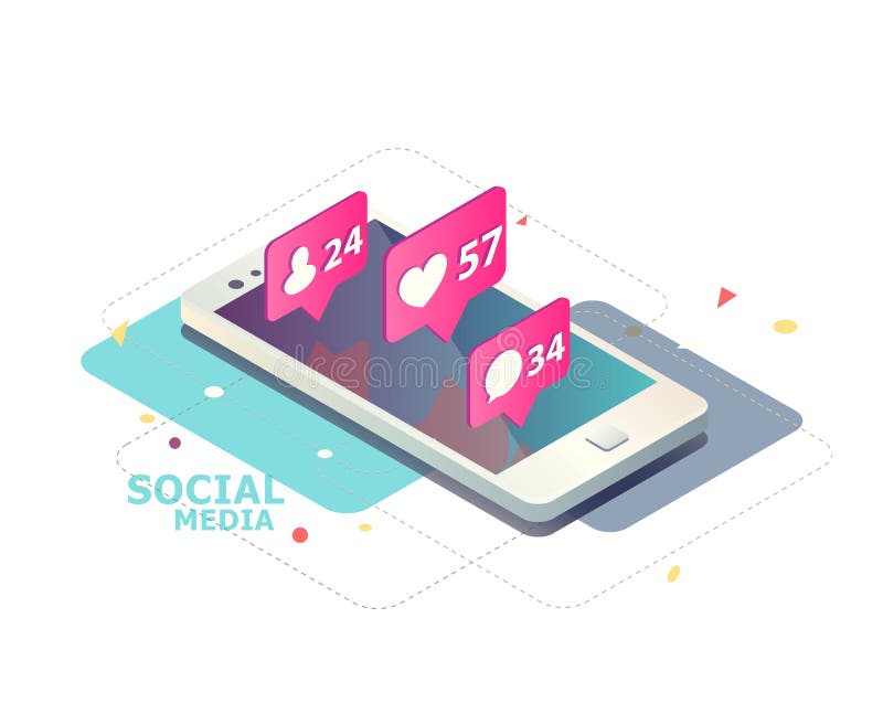 Isometric concept with mobile phone and push notification with likes, new comments, messages and followers. royalty free illustration