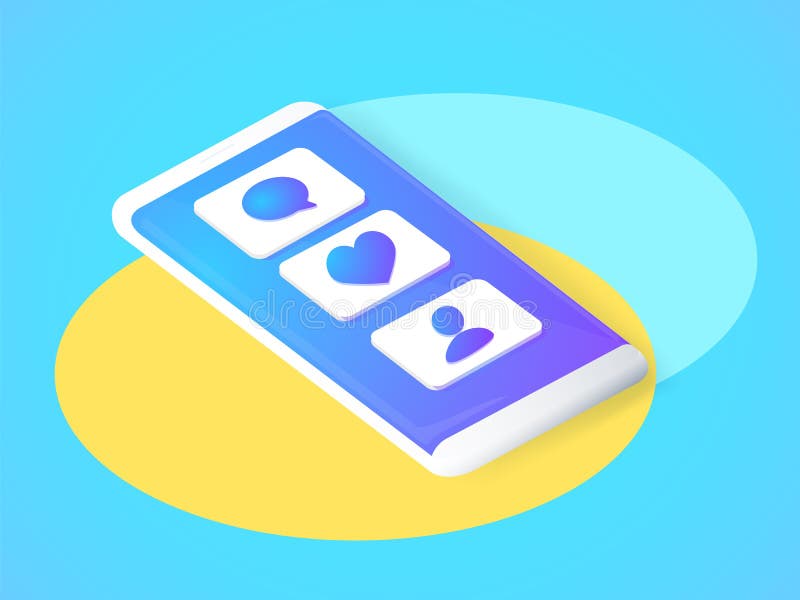 Isometric concept with mobile phone and push notification with likes, new comments, messages and followers. royalty free illustration