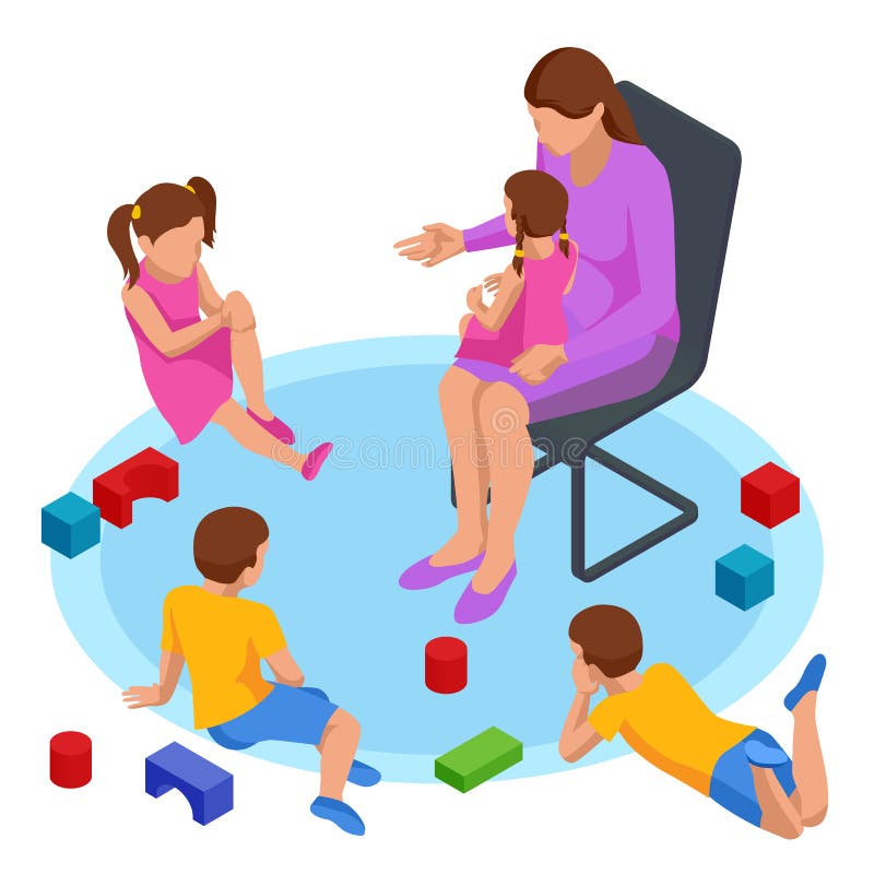 Isometric concept of Mom tells children tales in the nursery. Happy family and childhood concept.