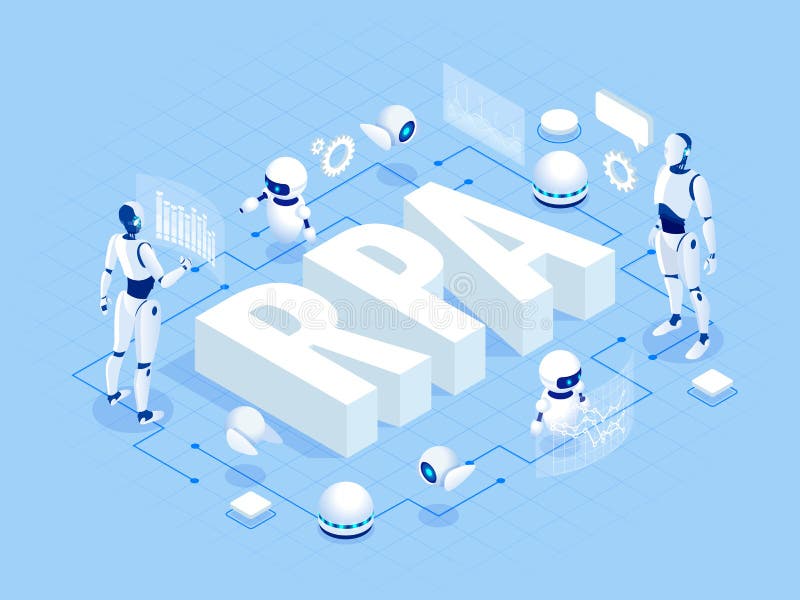 Isometric concept of RPA, artificial intelligence, robotics process automation, ai in fintech or machine transformation. stock illustration Isometric concept of RPA, artificial intelligence, robotics process automation, ai in fintech or machine transformation. stock illustration