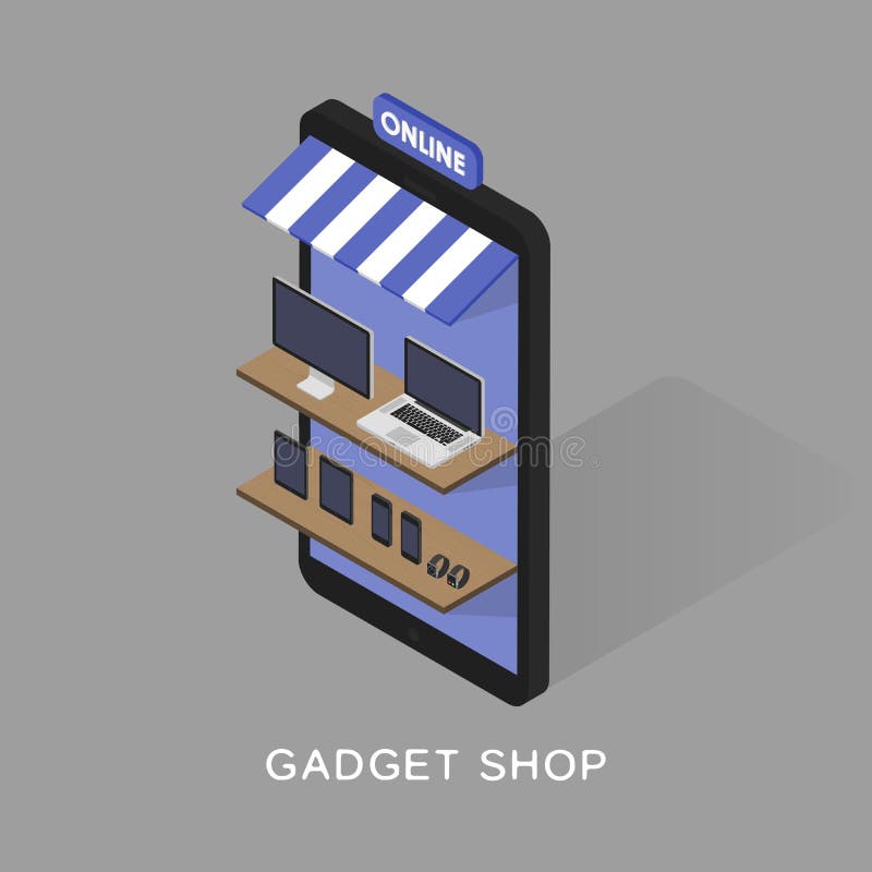 Isometric concept store online shopping of gadgets and electronics. Mobile phone store front. Sartwatches, tablets vector illustration Isometric concept store online shopping of gadgets and electronics. Mobile phone store front. Sartwatches, tablets vector illustration