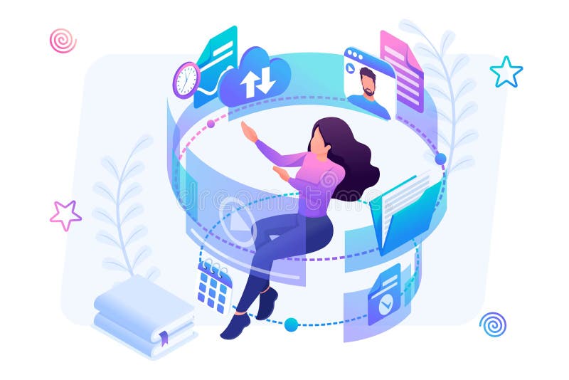 Isometric concept young girl in the process of learning through the Internet, watching educational videos, reading books. Concept royalty free illustration
