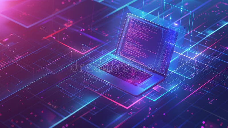 Isometric conceptual illustration of a laptop screen with code hanging over icons f royalty free illustration