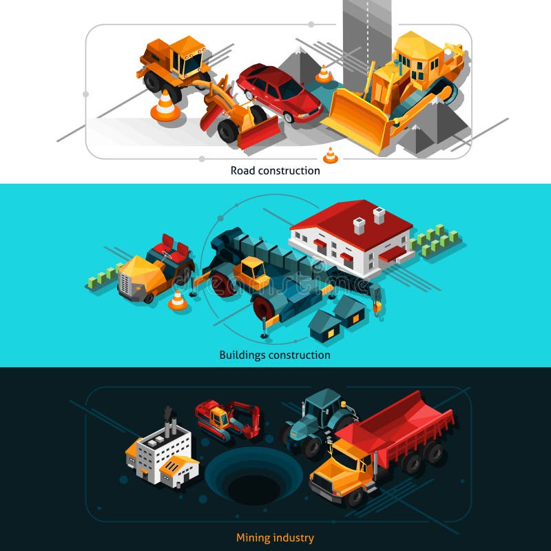 Isometric Construction Machines Banners vector illustration