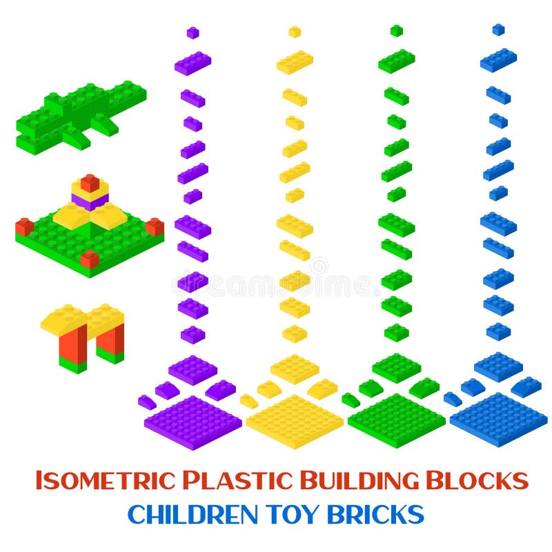 Isometric constructor blocks 3d preschool build cubic vector illustration. stock illustration Isometric constructor blocks 3d preschool build cubic vector illustration. stock illustration