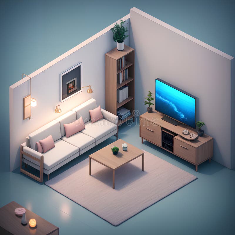 Isometric Cozy Furnished Living Room, AI Generated 3D Illustration ...