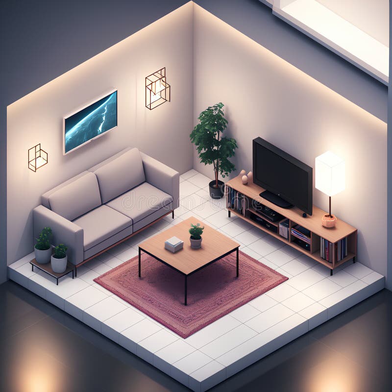 Isometric Cozy Furnished Living Room, AI Generated 3D Illustration ...