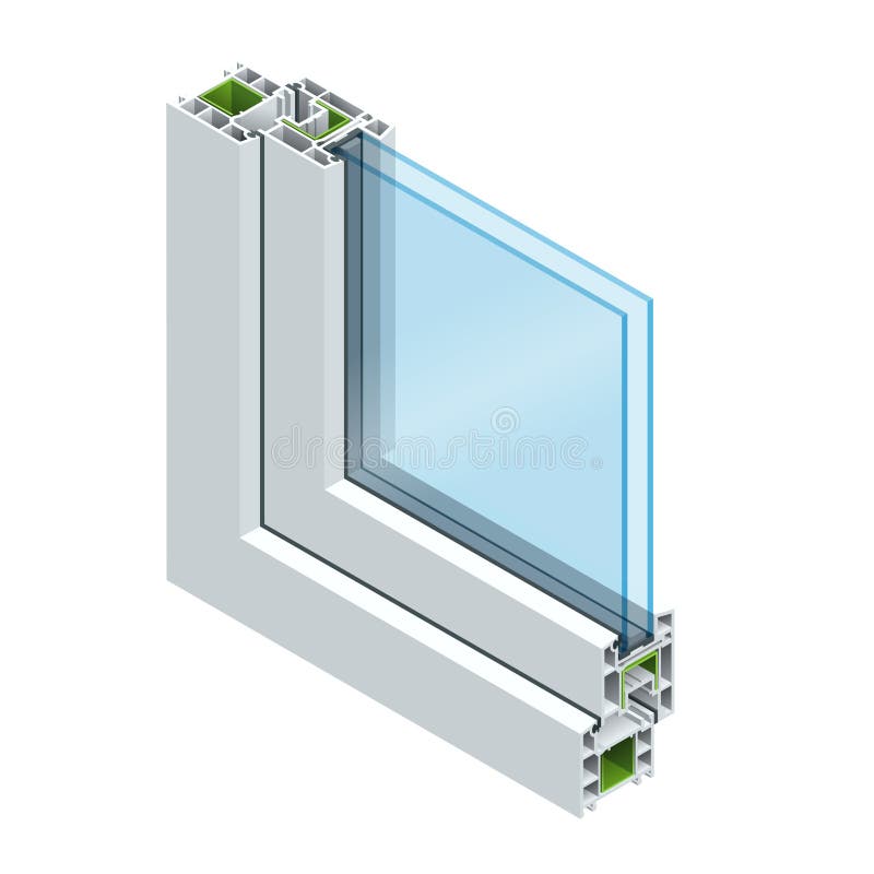 Isometric Cross section through a window pane PVC profile laminated wood grain, classic white. Flat vector illustration