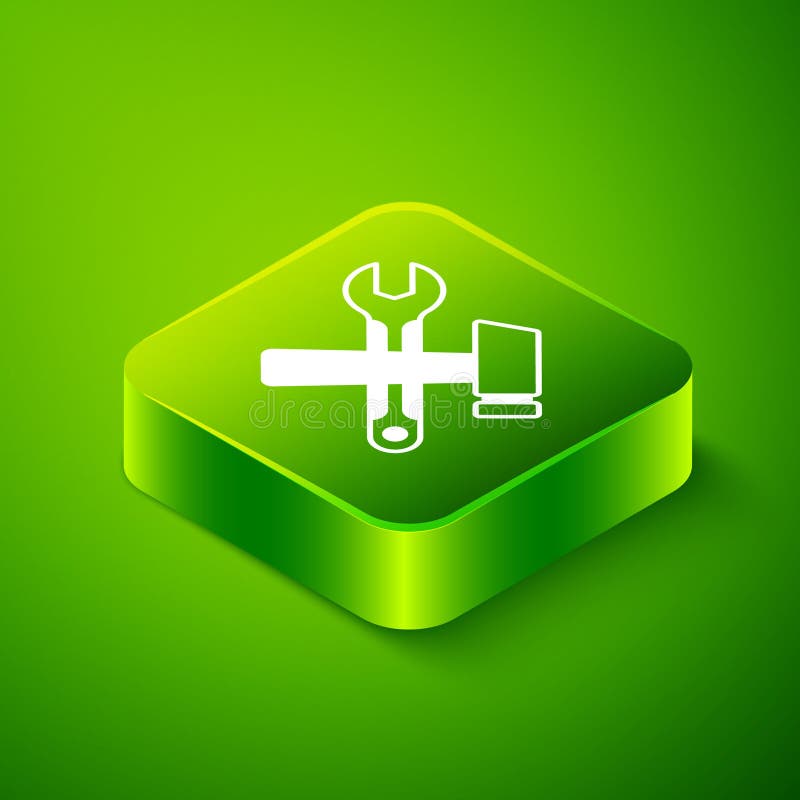 Isometric Crossed Hammer and Wrench Spanner Icon Isolated on Green