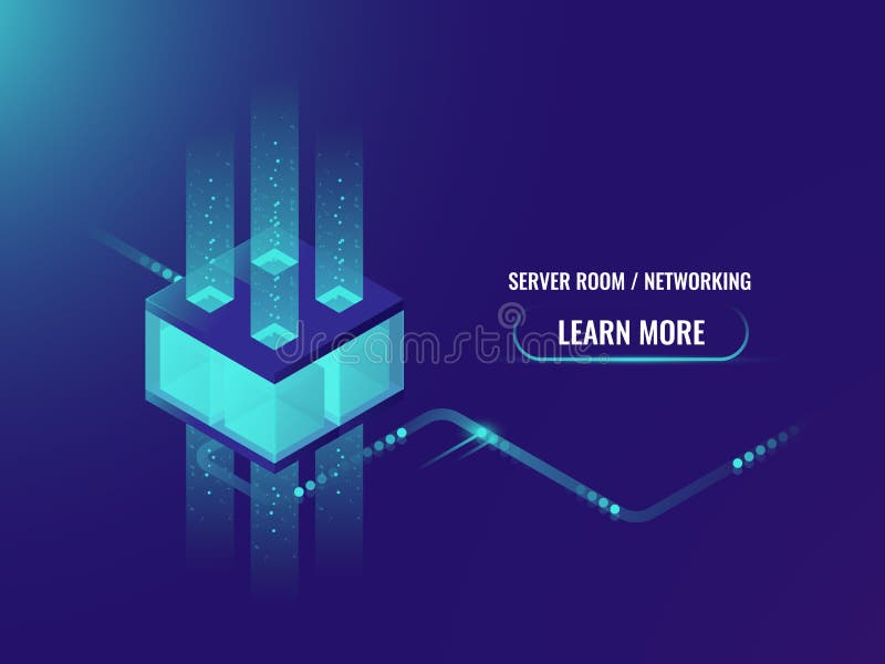 Isometric Cryptocurrency and Blockchain concept banner, processing of big data, server room concept, information center royalty free illustration