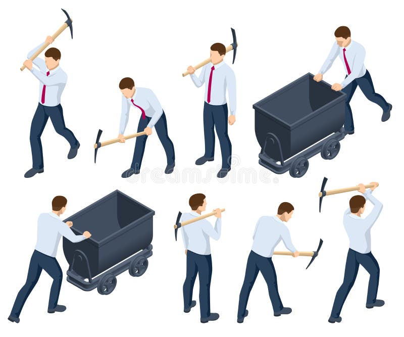 Isometric Cryptocurrency Mining concept. Business miner cryptocurrency or business finance. Worker with pick peck bit royalty free illustration