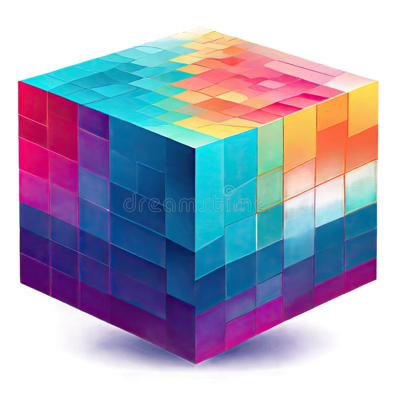 Isometric Cube Digital Art Composed of Vibrant Color Blocks in a Grid Pattern Showing Shades of Pink Purple Blue Green Yellow and stock illustration