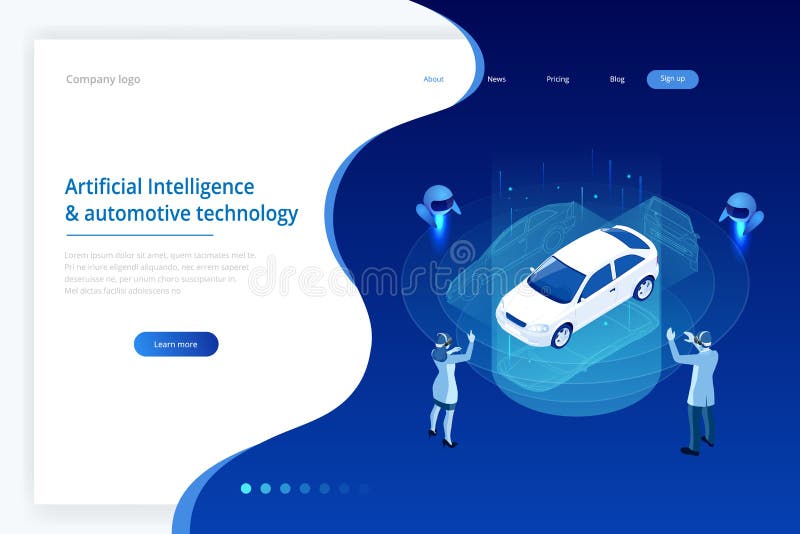Isometric Cybernetic Robots and people works with a virtual interface in augmented reality. Virtual computer development vector illustration