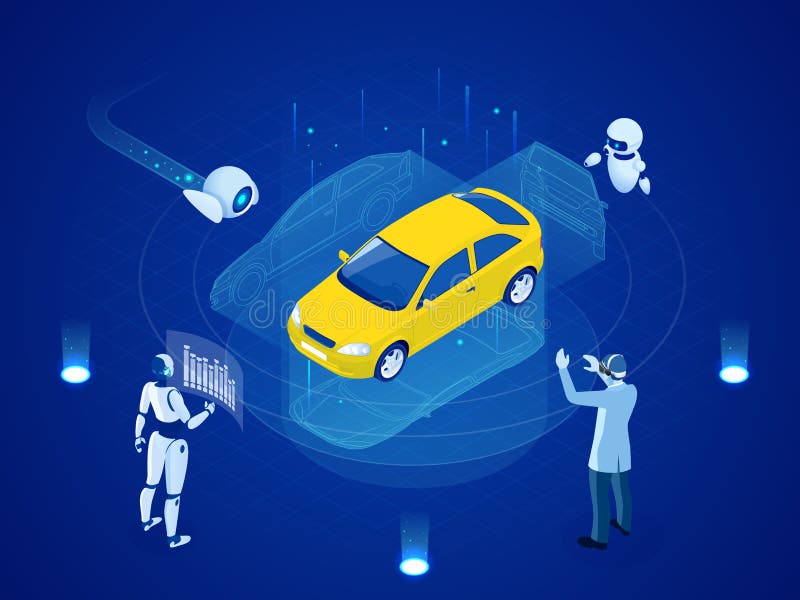 Isometric Cybernetic Robots and people works with a virtual interface in augmented reality. Virtual computer development stock illustration