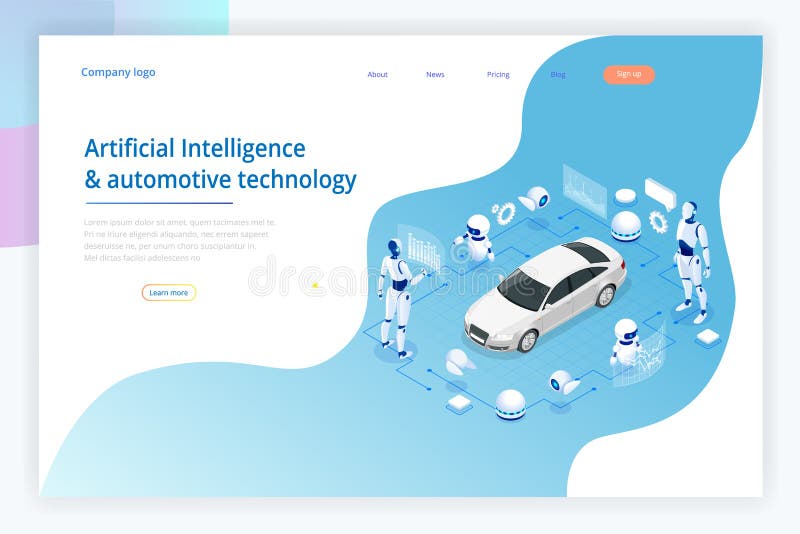 Isometric Cybernetic Robots works with a virtual interface in augmented reality. Virtual computer development of a car stock illustration