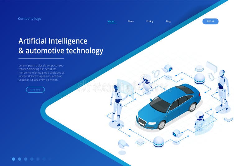 Isometric Cybernetic Robots works with a virtual interface in augmented reality. Virtual computer development of a car vector illustration
