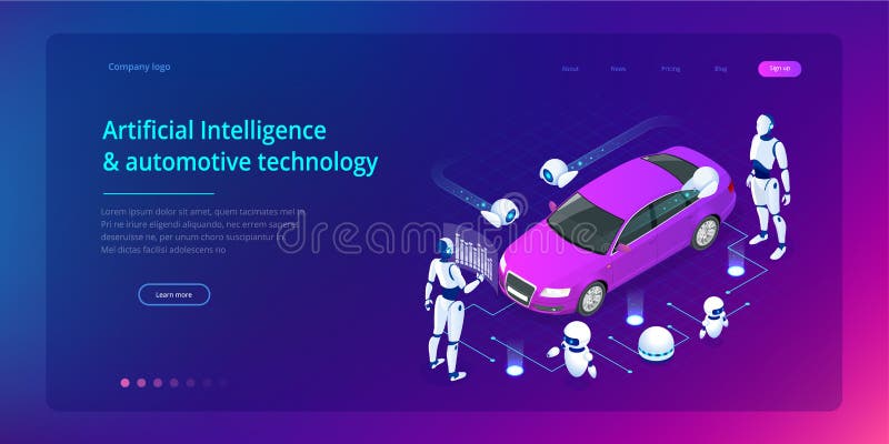 Isometric Cybernetic Robots works with a virtual interface in augmented reality. Virtual computer development of a car vector illustration