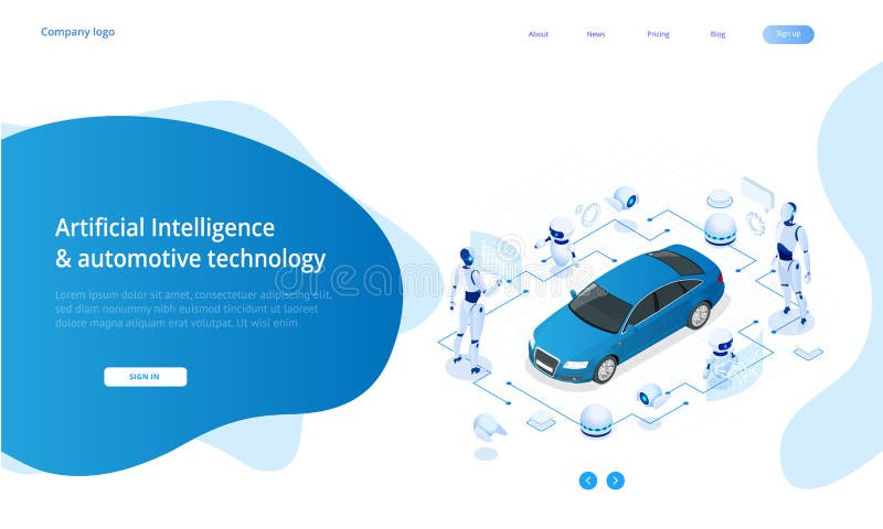 Isometric Cybernetic Robots works with a virtual interface in augmented reality. Virtual computer development of a car stock illustration