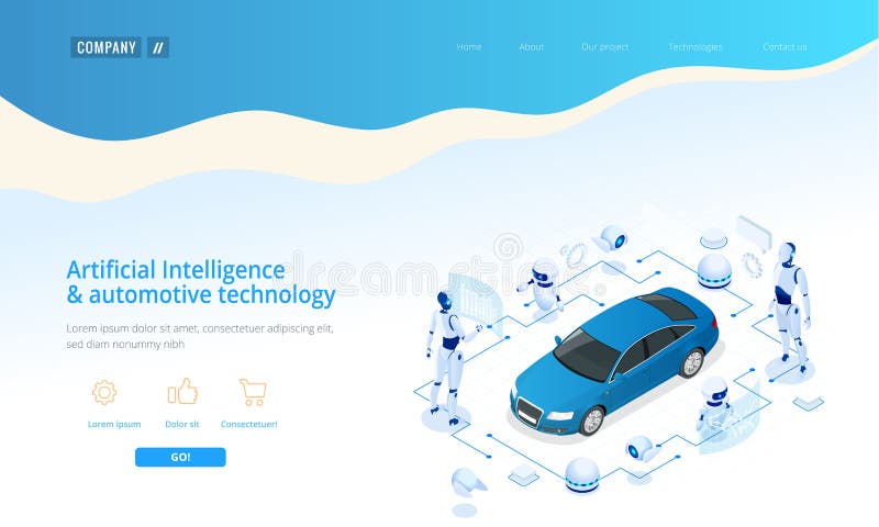 Isometric Cybernetic Robots works with a virtual interface in augmented reality. Virtual computer development of a car vector illustration
