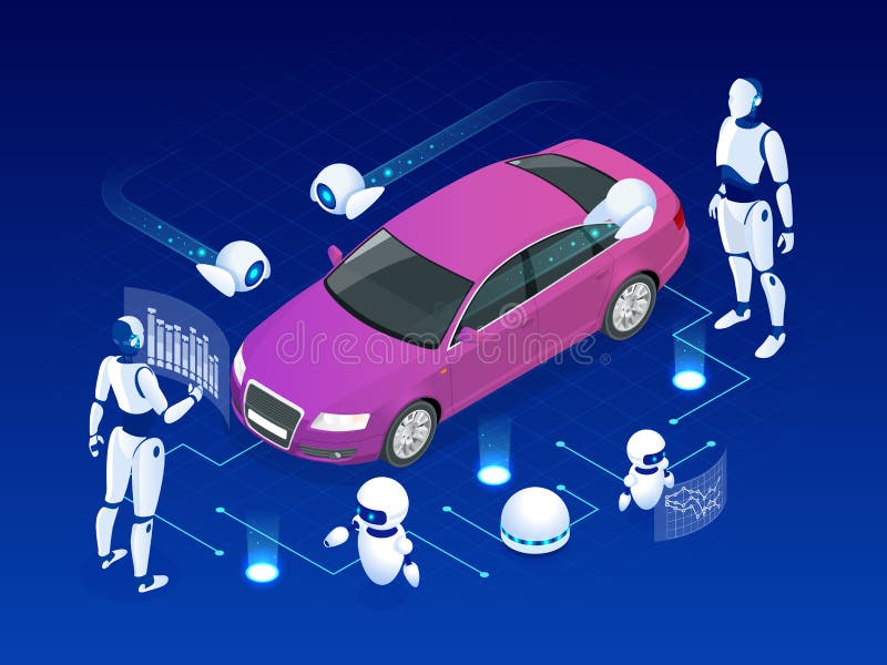 Isometric Cybernetic Robots works with a virtual interface in augmented reality. Virtual computer development of a car vector illustration