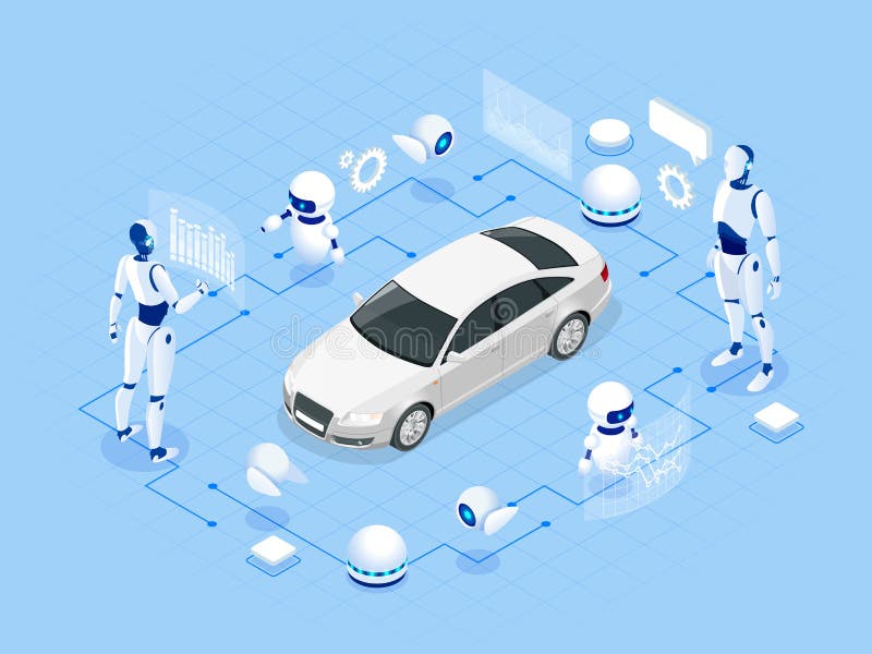 Isometric Cybernetic Robots works with a virtual interface in augmented reality. Virtual computer development of a car royalty free illustration