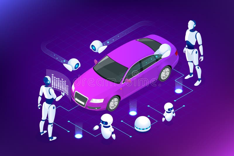 Isometric Cybernetic Robots works with a virtual interface in augmented reality. Virtual computer development of a car vector illustration