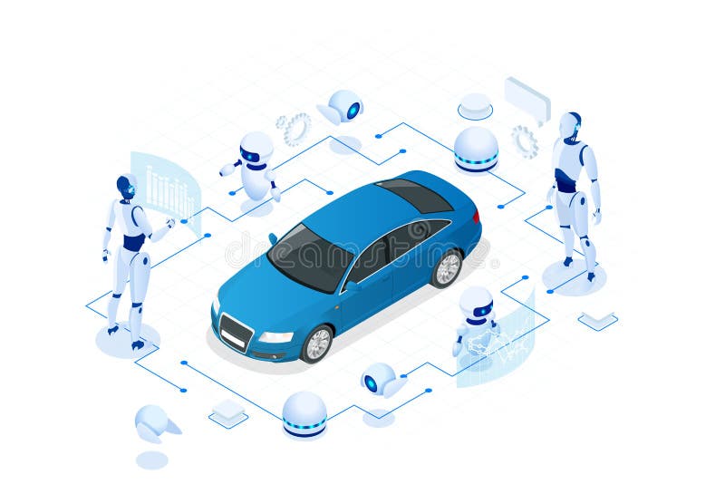 Isometric Cybernetic Robots works with a virtual interface in augmented reality. Virtual computer development of a car vector illustration