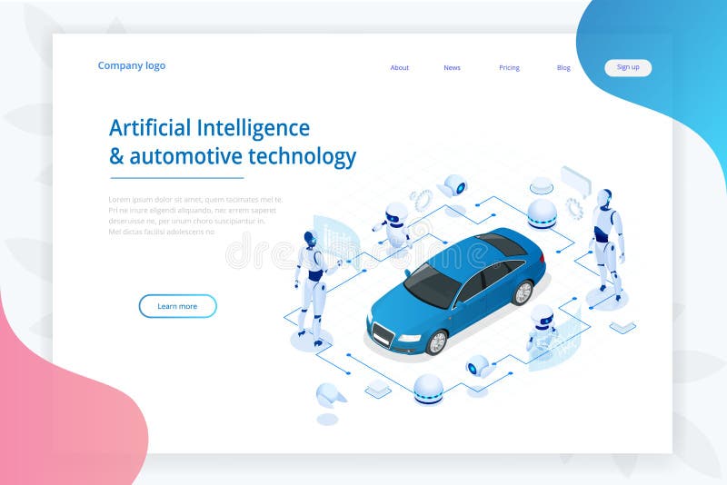 Isometric Cybernetic Robots works with a virtual interface in augmented reality. Virtual computer development of a car royalty free illustration