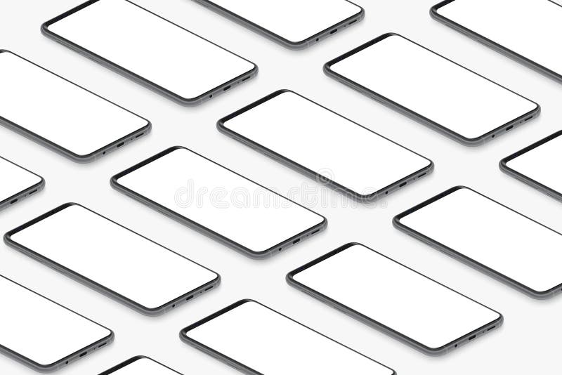 Isometric czarni realistyczni smartphones z pustą białą ekran siatką Pusty parawanowego telefonu szablon dla wkładać UI royalty ilustracja Isometric czarni realistyczni smartphones z pustą białą ekran siatką Pusty parawanowego telefonu szablon dla wkładać UI royalty ilustracja