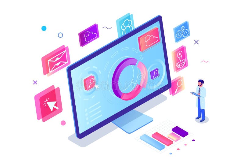 Isometric 3d engineer man with computer with diagram, app, map, search, wearth, post and social. Concept programmer is testing new technology. Low poly. Vector illustration.