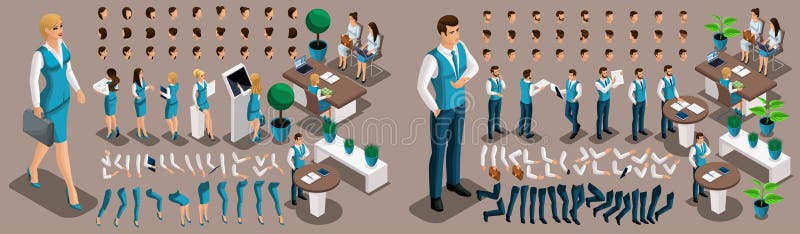 Isometric 3D girl and man bank employees, a set of hand and foot gestures, hairstyles, emotions to create your character. Create a group of unique characters