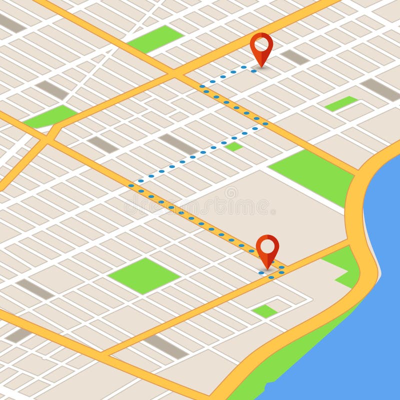Isometric 3d map with location pins. Gps navigation vector background stock illustration Isometric 3d map with location pins. Gps navigation vector background stock illustration