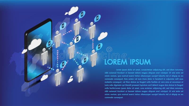 Isometric 3d smartphone internet łączy ogólnospołecznych środki z ludźmi i dane przekazem na obłocznej składowej sieci telekomuni royalty ilustracja Isometric 3d smartphone internet łączy ogólnospołecznych środki z ludźmi i dane przekazem na obłocznej składowej sieci telekomuni royalty ilustracja