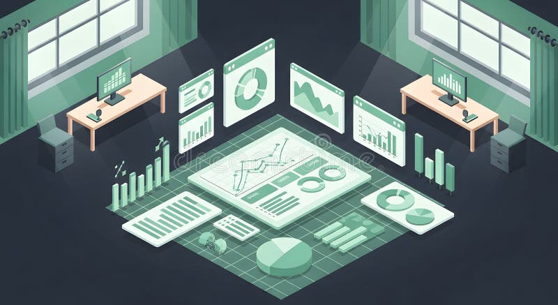Isometric Data Analysis Workspace with Charts and Tables for Strategic Business Planning vector illustration
