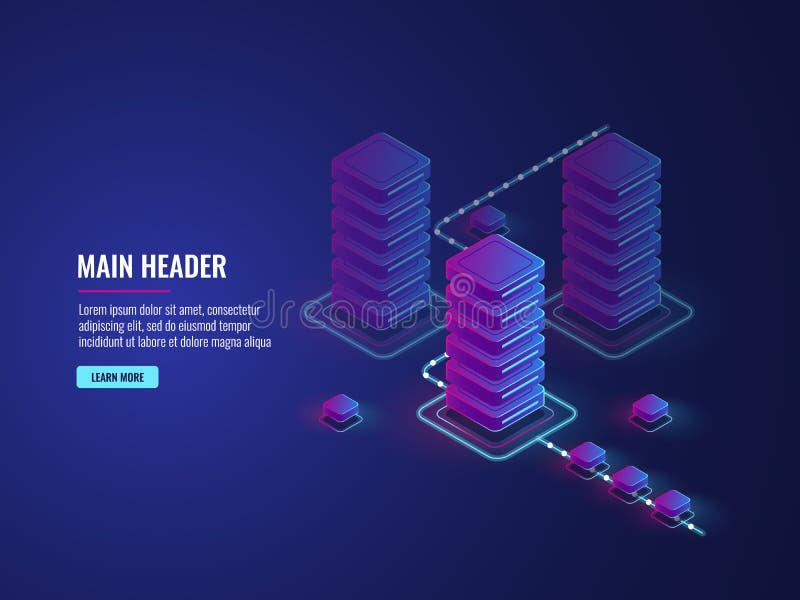 Isometric data flow processing, data protection and encryption process, server room, data center and database vector illustration