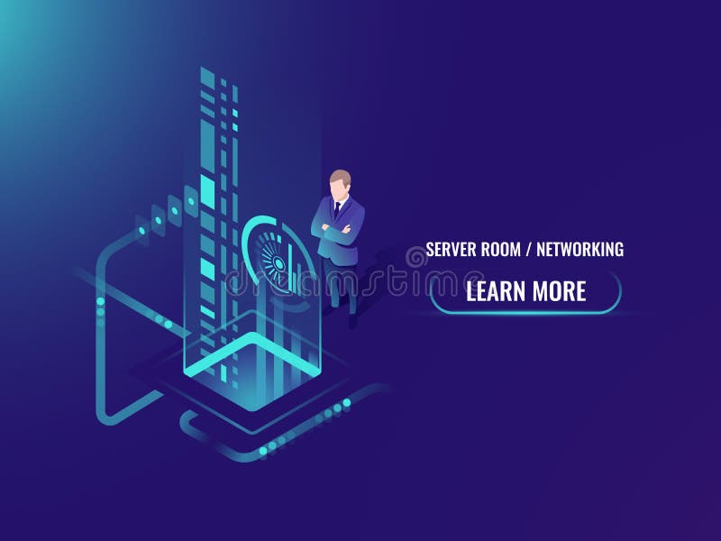 Isometric data flow processing, safe information on cloud server concept, scans a person face. biometric identification royalty free illustration