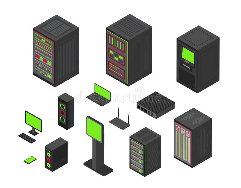 Isometric data server. 3d icons. Hardware network technology. PC center equipment. Router system. Datacenter and stock illustration