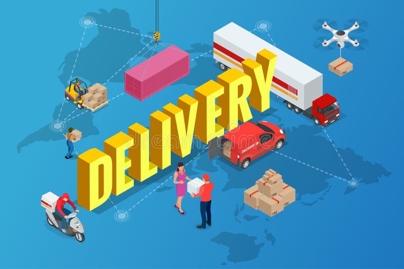 Isometric Delivery Concept. Delivery of Goods from Anywhere in the World Home. Stock Vector