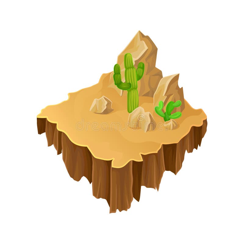 Isometric desert landscape. Floating island stone rocks and green cacti. Vector design for computer or mobile game royalty free illustration Isometric desert landscape. Floating island stone rocks and green cacti. Vector design for computer or mobile game royalty free illustration