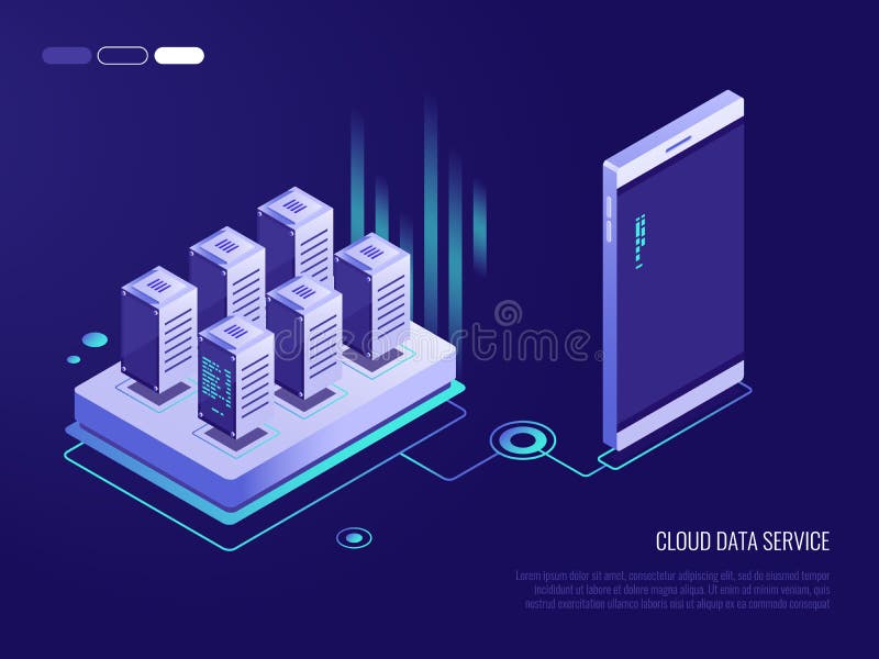Isometric design concept of a cloud data service for a smartphone. Process of upload and download. stock illustration Isometric design concept of a cloud data service for a smartphone. Process of upload and download. stock illustration