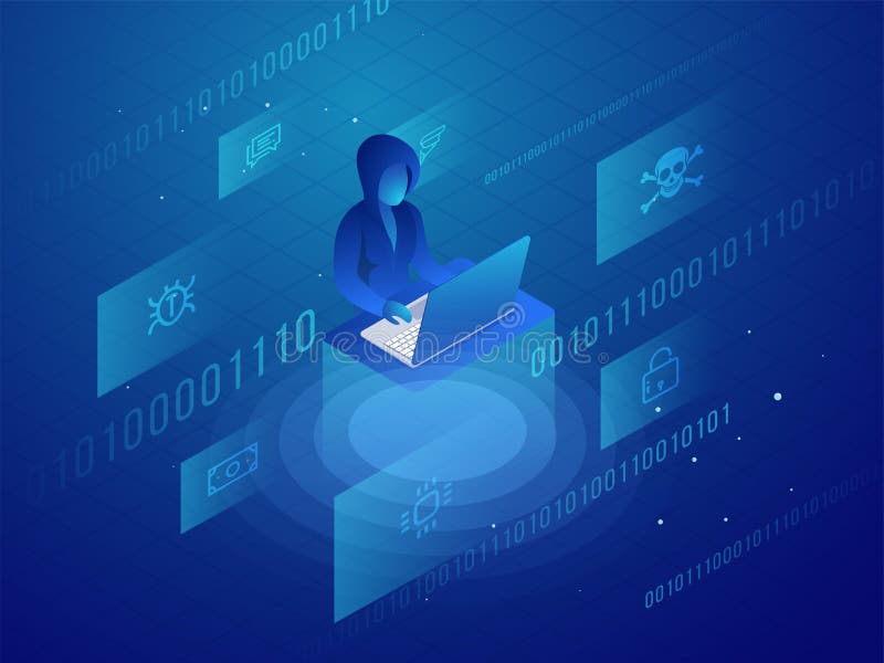 Isometric design with hacker using laptop for personal data protection or hacking concept. vector illustration