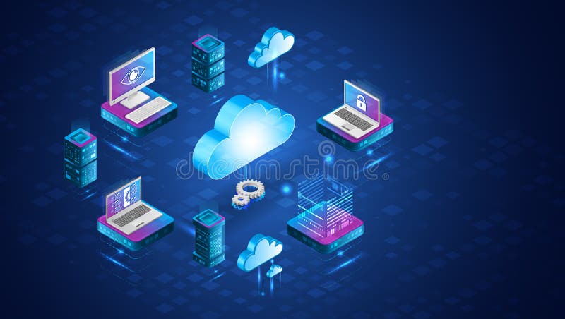 Isometric design showing secure data exchange between cloud, laptops, servers, and mobile devices. Cloud computing and data vector illustration