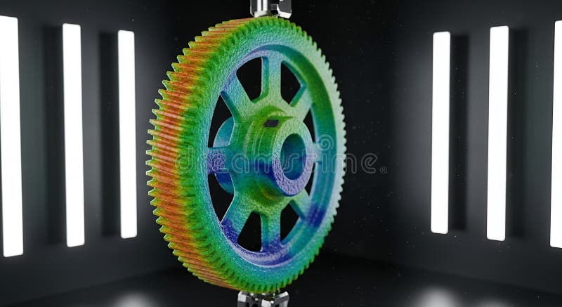 Isometric Detailed Render of a Colorful Gear Mechanism in a Modern Studio Environment with Metallic Texture and High-Tech Lighting royalty free illustration