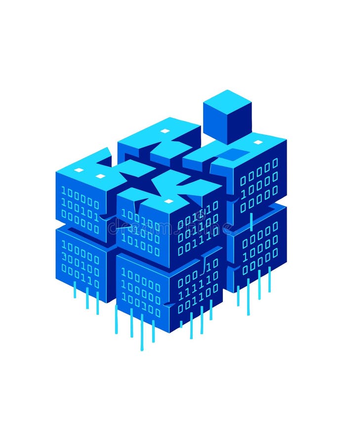 Isometric Digital Data Cube Blockchain Processing Structure Binary Code vector illustration