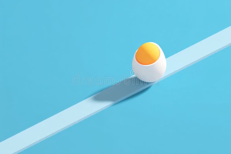 Isometric Egg Shape Balancing on a Long Flat Line Against a Bright Blue Background in a Minimalist Setting Generative AI stock illustration