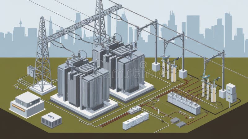 Isometric electrical substation layout featuring transformers, high-voltage lines, circuit breakers, and a grounding system. Detailed technical illustration showing power distribution components, grid infrastructure, and industrial electrical engineering design. Electrical grounding illustrations